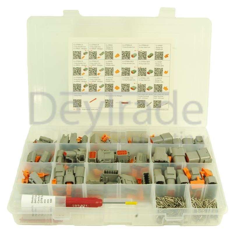 Sortiment aus gedichteten Deutsch DTM Fahrzeugsteckverbindern mit 0.20 - 0.50 mm2 Rock Solid Kontakten und Entriegelungswerkzeug