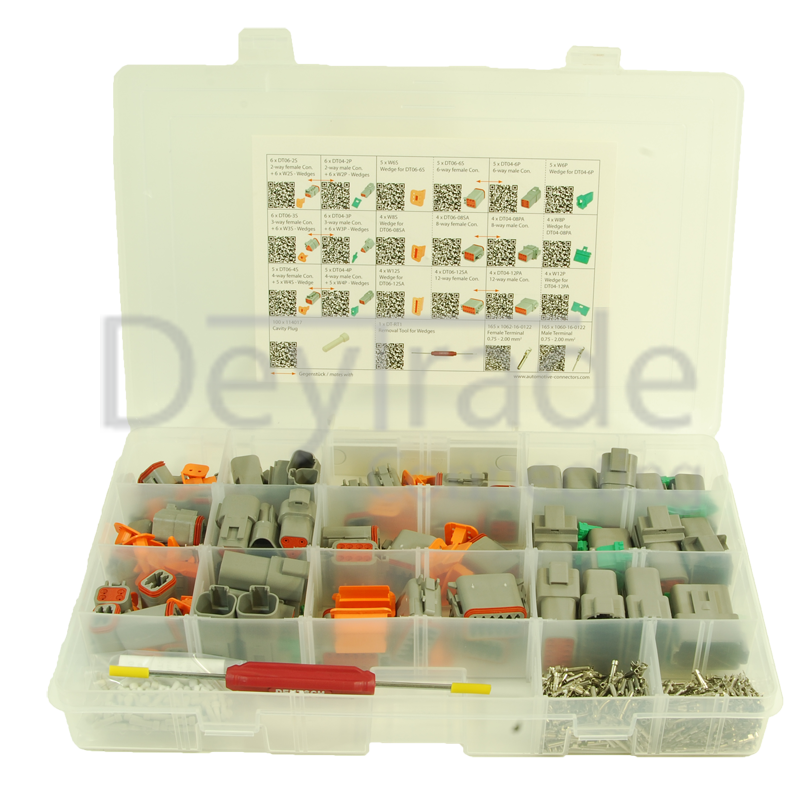 Sortiment aus gedichteten Deutsch DT Fahrzeugsteckverbindern mit 1.0 - 2.0 mm2 Rock Solid Kontakten und Entriegelungswerkzeug